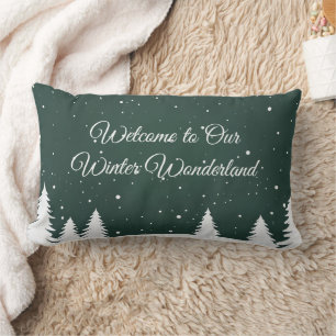 Winter Wonderland with Pine Tree Silhouettes Snow Lumbar Pillow