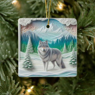 Winter Wonderland Wolf Personalized Christmas  Ceramic Ornament