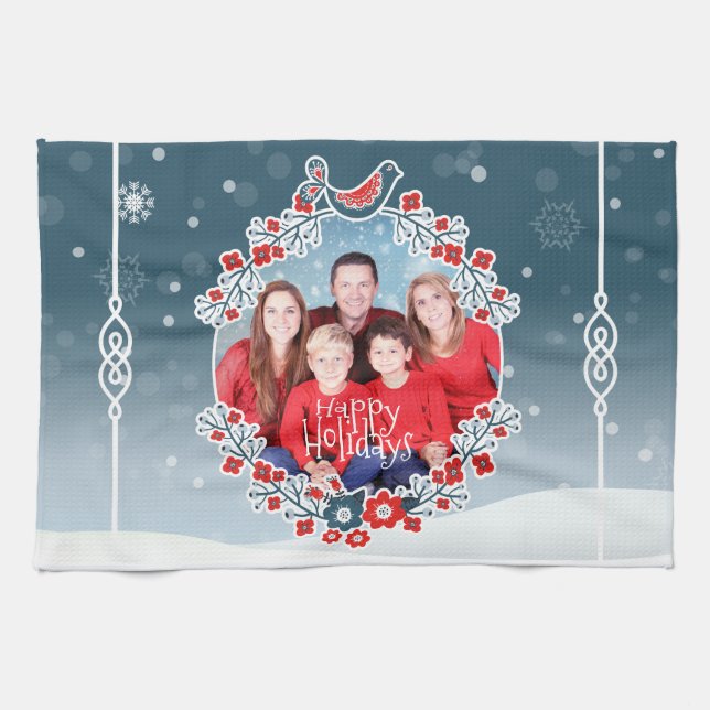 Winter Wonderland Your Photo Christmas Wreath Snow Kitchen Towel (Horizontal)