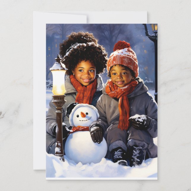 Winter Wonders: Kids and Their Snowman Creation Holiday Card (Front)