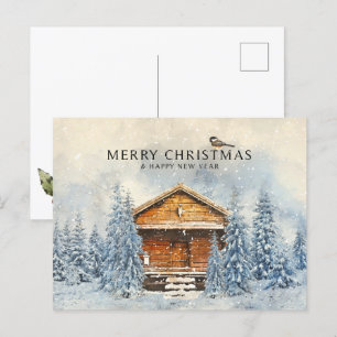 Winter Wood House and Pine Holiday Postcard