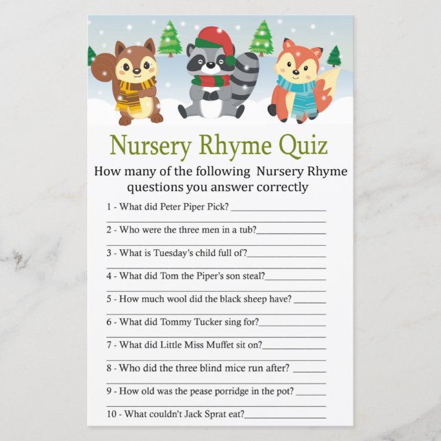 winter woodland animal Nursery Rhyme Quiz game (Front)