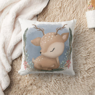Winter Woodland Animal Sleeping Baby Deer Throw Pillow