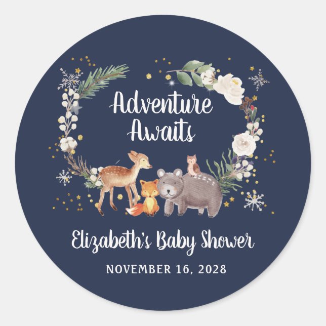 Winter Woodland Animals Baby Shower Blue Classic Round Sticker (Front)
