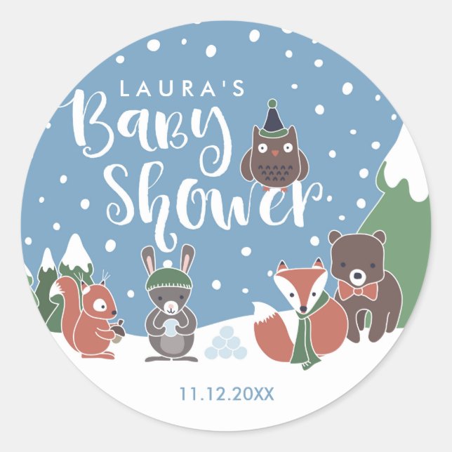 Winter Woodland Animals Baby Shower Classic Round Sticker (Front)