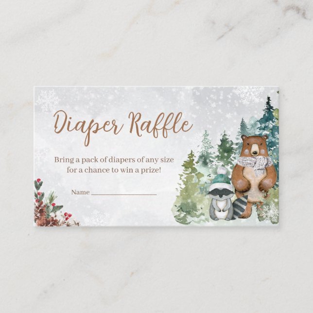 Winter Woodland Animals Baby Shower Diaper Raffle Enclosure Card (Front)