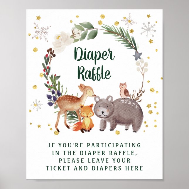 Winter Woodland Animals Baby Shower Diaper Raffle Poster (Front)