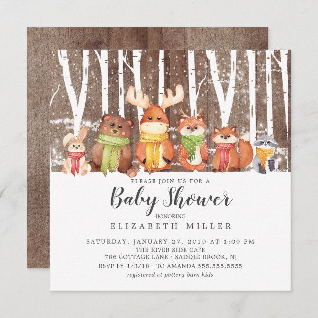 Winter Woodland Animals Baby Shower Invitation (Front/Back)