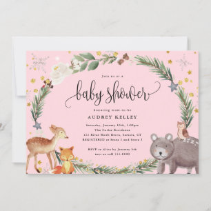 Winter Woodland Animals Baby Shower Pink Invitation