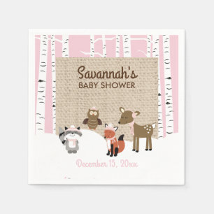 Winter Woodland Animals Birch Tree Napkin   Pink