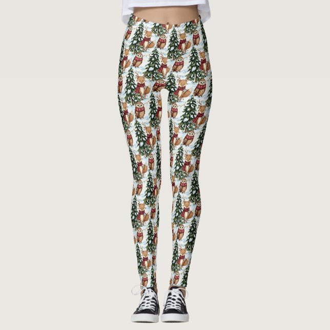 Winter Woodland Animals Christmas Pattern Leggings (Front)