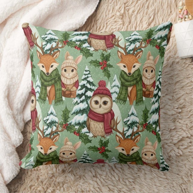 Winter Woodland Animals Christmas Pattern Throw Pillow (Blanket)