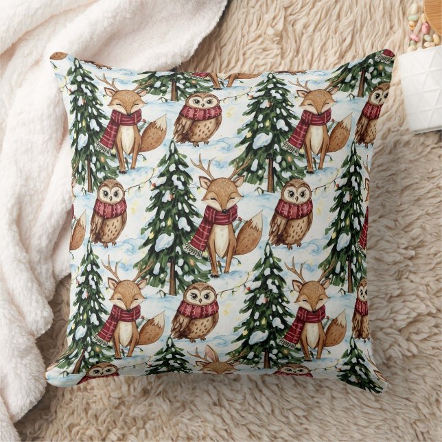 Winter Woodland Animals Christmas Pattern Throw Pillow (Blanket)