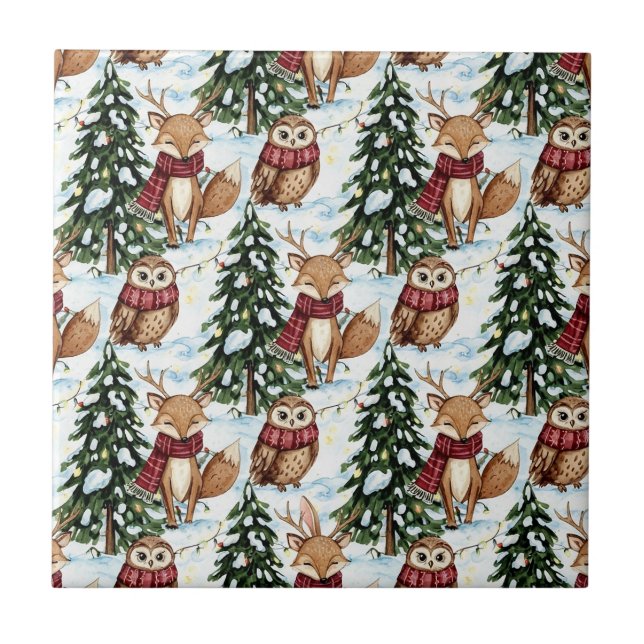 Winter Woodland Animals Christmas Pattern Tile (Front)