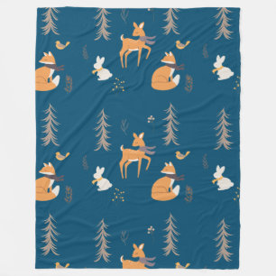Winter Woodland Animals Folk Art Blue Christmas Fleece Blanket