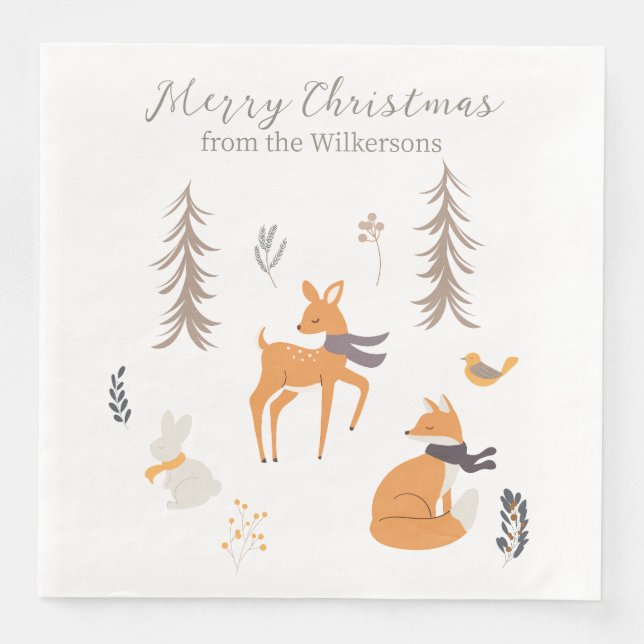 Winter Woodland Animals Folk Art Christmas Napkin (Front)