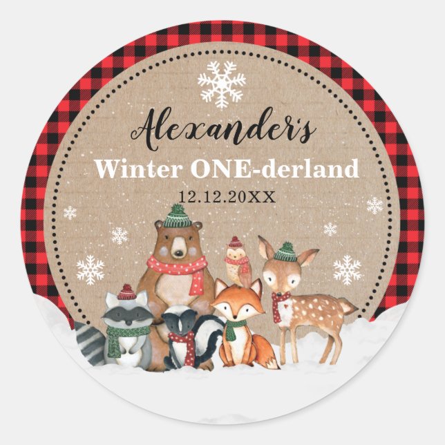 Winter Woodland Animals Onederland 1st Birthday Classic Round Sticker (Front)