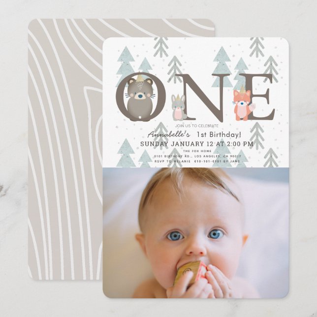 Winter Woodland Animals Photo 1st Birthday Invitation (Front/Back)