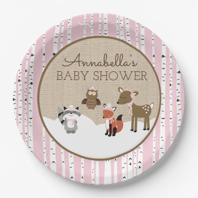 Winter Woodland Animals Plate | Pink (Front)