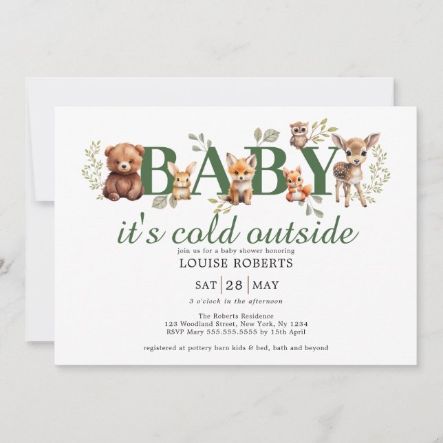 Winter Woodland Animals Sage Greenery Baby Shower Invitation (Front)