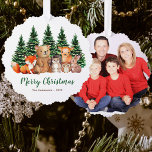 Winter Woodland Animals Watercolor Merry Christmas Ornament Card<br><div class="desc">A Christmas design with woodland / forest animals theme. There is a group of cute forest animals painted in watercolor: a red fox, a brown bear, a hedgehog, a deer, an owl and a rabbit., with green pine trees with snow behind them. The text "Merry Christmas" is in green handwriting...</div>
