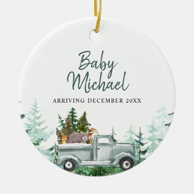 Winter woodland Baby Boy Pregnancy Announcement Ceramic Ornament (Front)