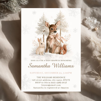 Winter Woodland Baby Shower Deer Blush Pink Bow  Invitation
