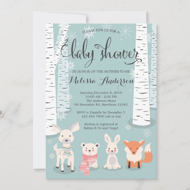 winter woodland baby shower invitation, animals invitation (Front)