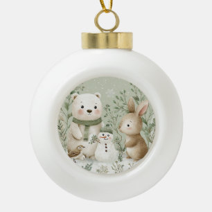 Winter Woodland Bear Bunny Snowman Ceramic Ball Christmas Ornament