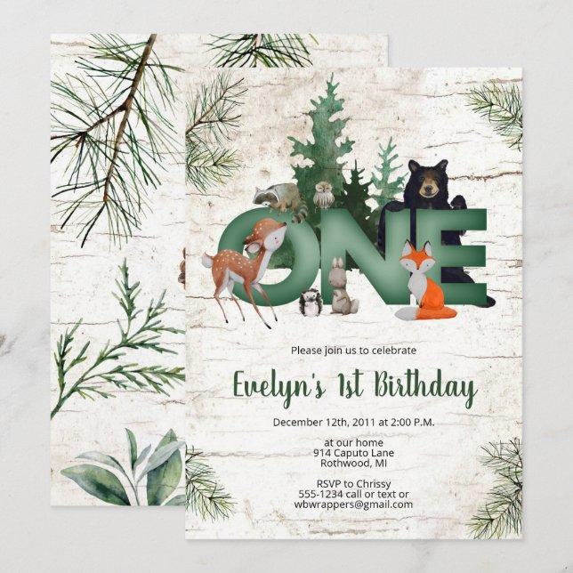 Winter Woodland Birthday Invitation - 1st Birthday (Front/Back)