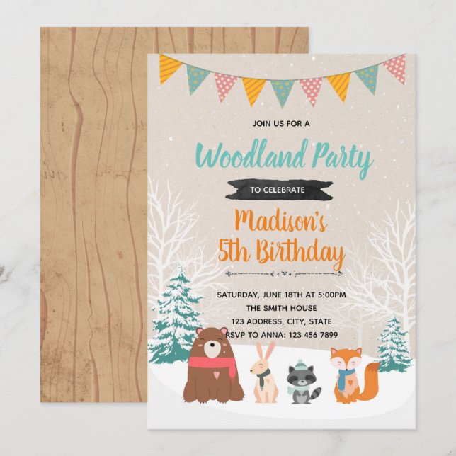 Winter woodland birthday party invitation (Front/Back)