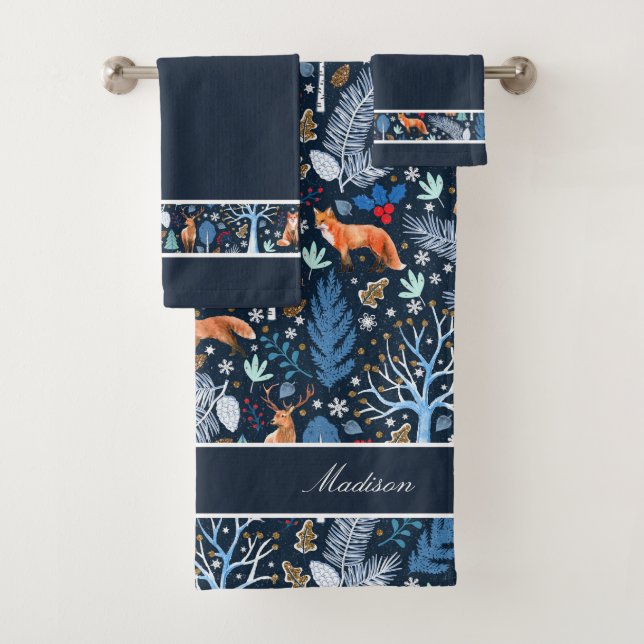 Winter Woodland Blue/Gold ID785 Bath Towel Set (Insitu)