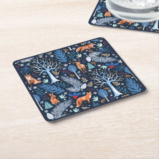 Winter Woodland Blue/Gold ID785 Square Paper Coaster (Angled)