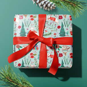 Winter Woodland Blue & red Animals forest pattern Wrapping Paper