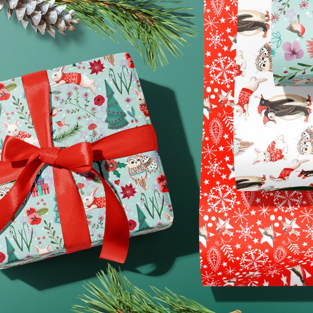 Winter Woodland Blue & red Animals forest pattern Wrapping Paper Sheet (Cute woodland animals and Penguins Christmas Holiday wrapping paper)