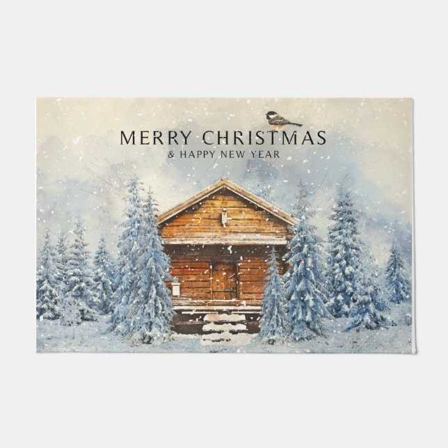 Winter Woodland Cabin Merry Christmas Doormat (Front)