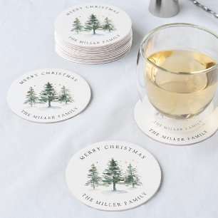 Winter Woodland Christmas Tree Personalized Round Paper Coaster
