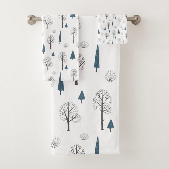 Winter Woodland Christmas Trees Minimalist Blue Bath Towel Set (Insitu)