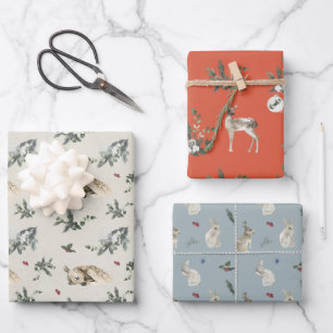 Winter Woodland Deer and Bunny Rabbit Pattern Wrapping Paper Sheet