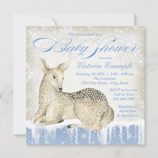 Winter Woodland Deer Boy Baby Shower Invitations (Front)
