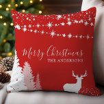 Winter Woodland Deer Red Family Christmas Throw Pillow<br><div class="desc">Celebrate the holidays with this elegant Winter Woodland Deer throw pillow, featuring a custom monogram. The rich red background is adorned with a serene white woodland scene, complete with a majestic deer and twinkling stars. Personalize it with your family name to create a festive and sophisticated touch to your home...</div>