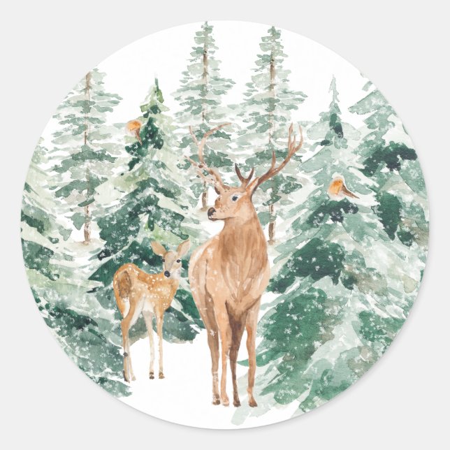 Winter Woodland Deer Rustic Christmas Classic Round Sticker (Front)