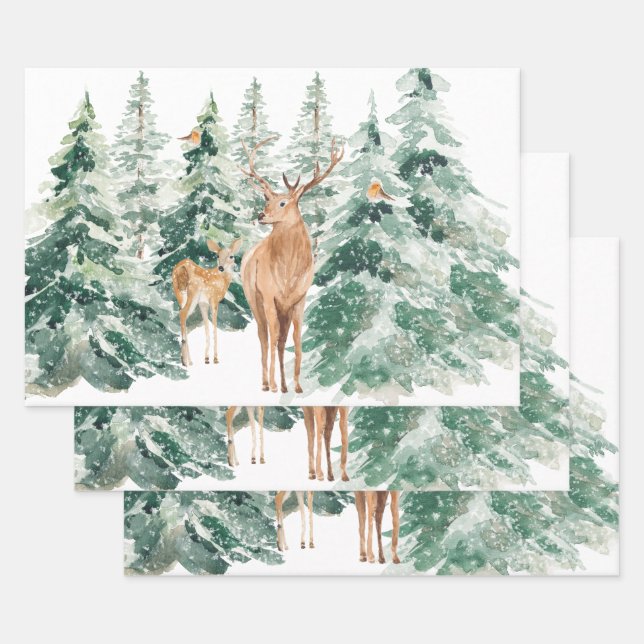 Winter Woodland Deer Rustic Christmas Wrapping Paper Sheet (Set)