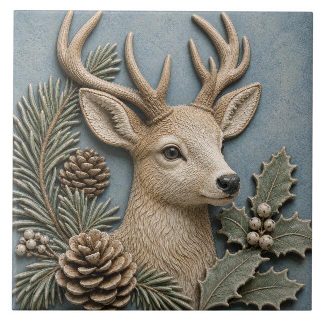 Winter Woodland Deer with Holly & Pine Cones Tile (Front)