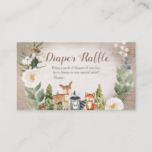 Winter Woodland Diaper Raffle White Floral Enclosure Card (Front)