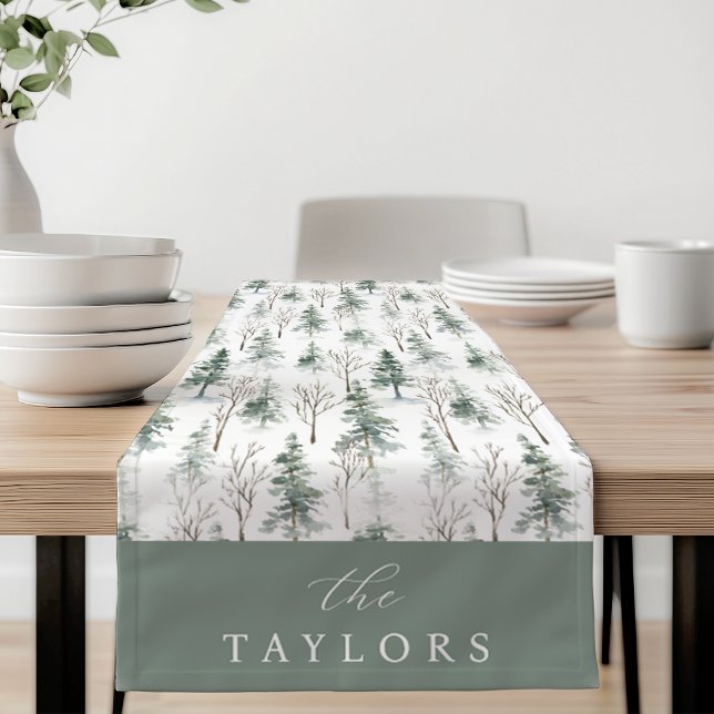 Winter Woodland Evergreen Forest Personalized Short Table Runner (Creator Uploaded)
