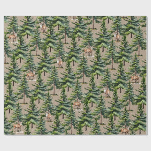Winter Woodland Fir Tree Forest Stag Deer Kraft Wrapping Paper