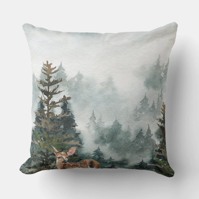 Winter Woodland Foggy Mountain Forest Doe Deer Throw Pillow (Front)