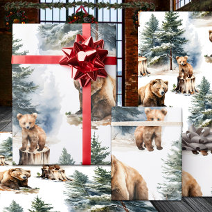 Winter Woodland Foraging Grizzly Bear Family  Wrapping Paper