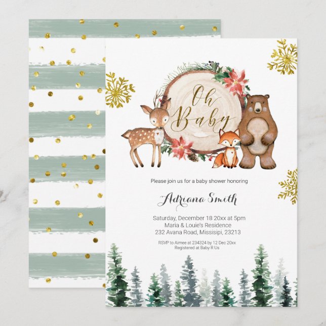 Winter woodland forest baby shower invitation (Front/Back)